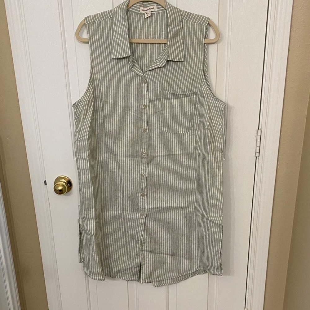 Coldwater Creek Linen Sleeveless Green and White Striped Shirt Dress, Size 1X